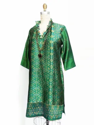 Silk Ikat Organza Long Tunic Deep Green