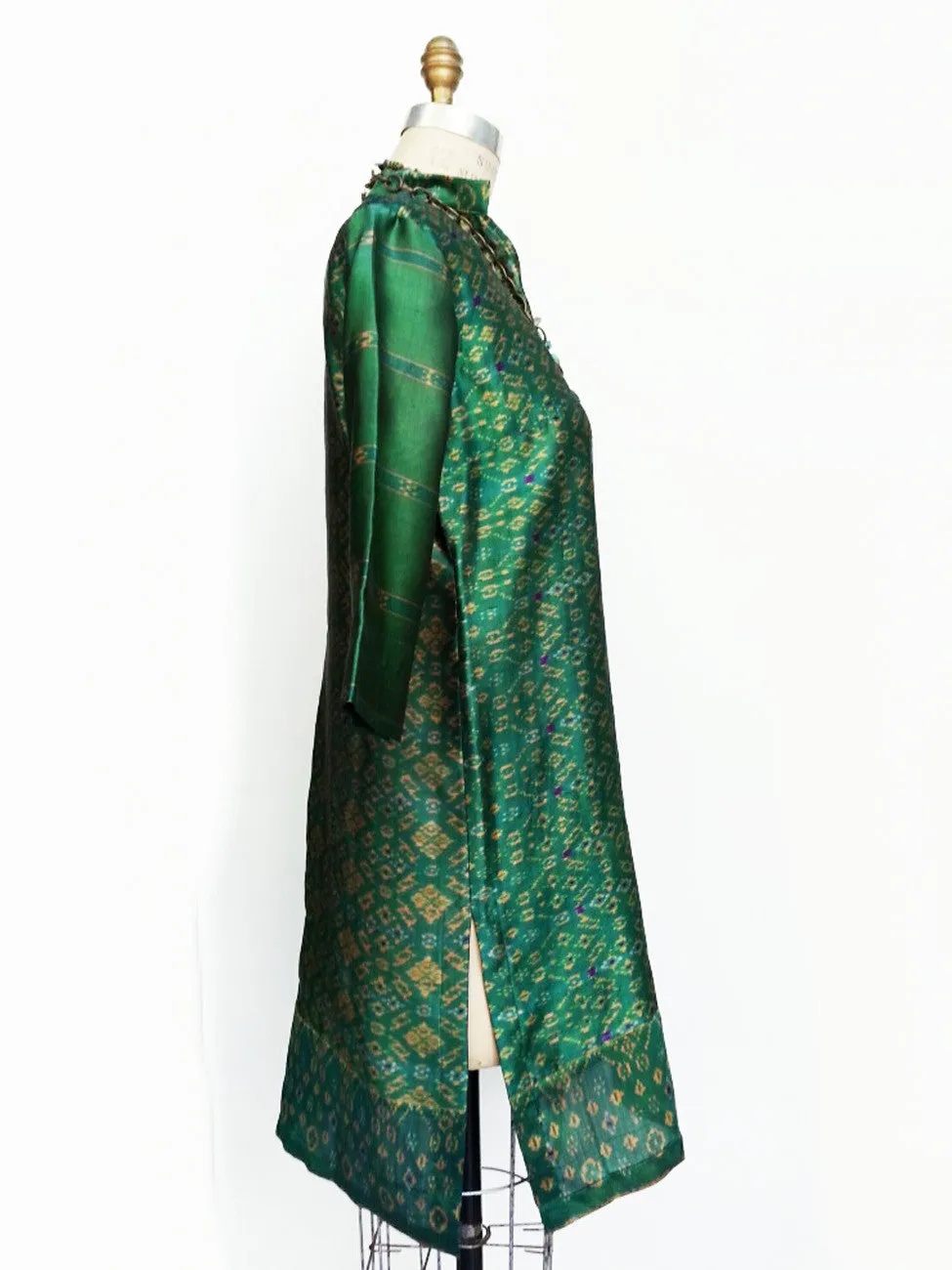 Silk Ikat Organza Long Tunic Deep Green