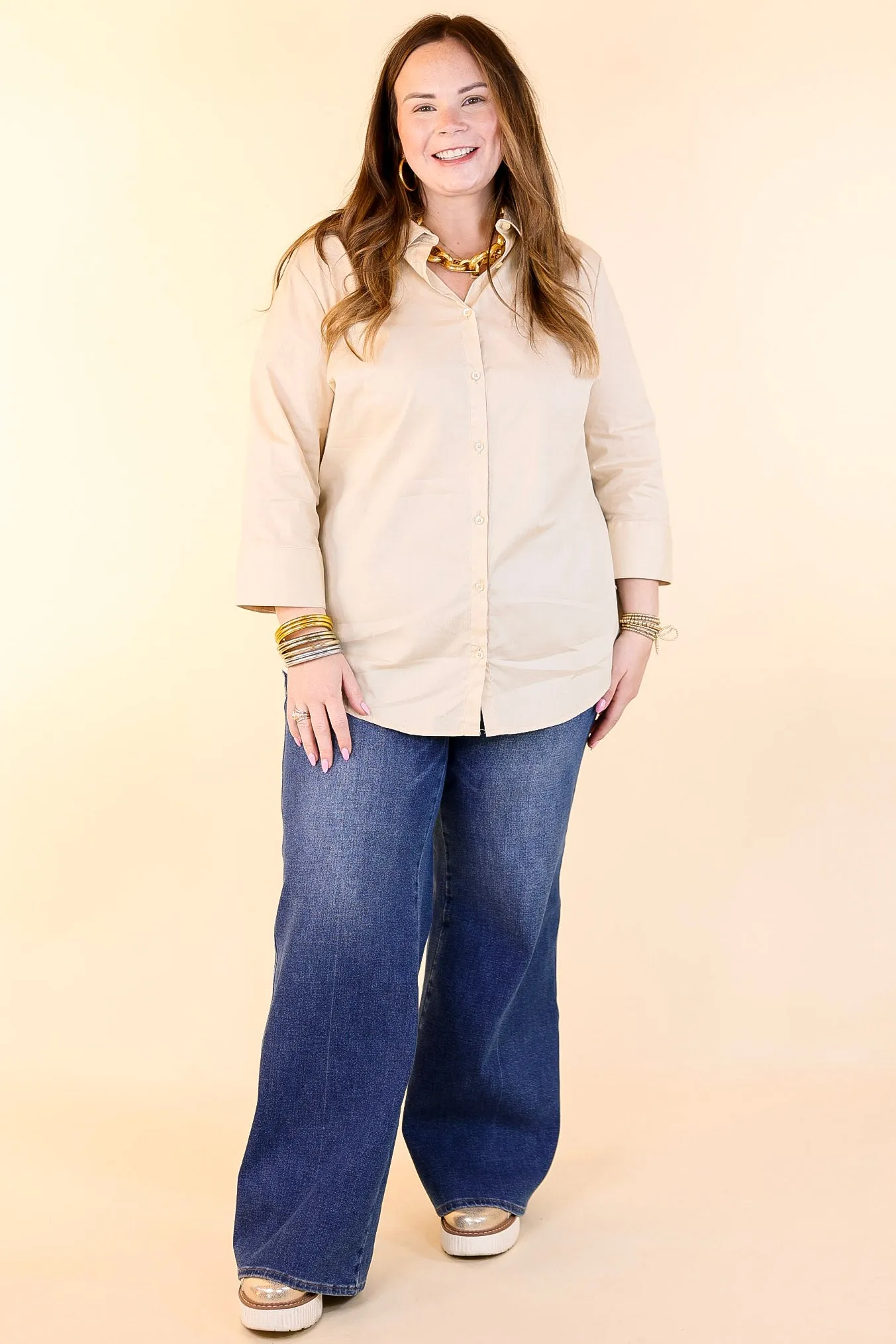 Simply Chic Collared Button Up Top with 3/4 Sleeves in Cream