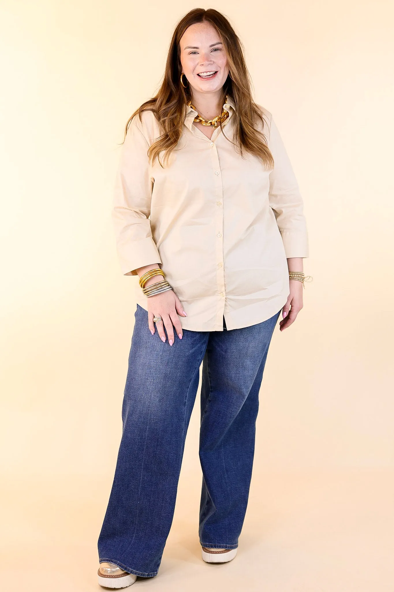 Simply Chic Collared Button Up Top with 3/4 Sleeves in Cream