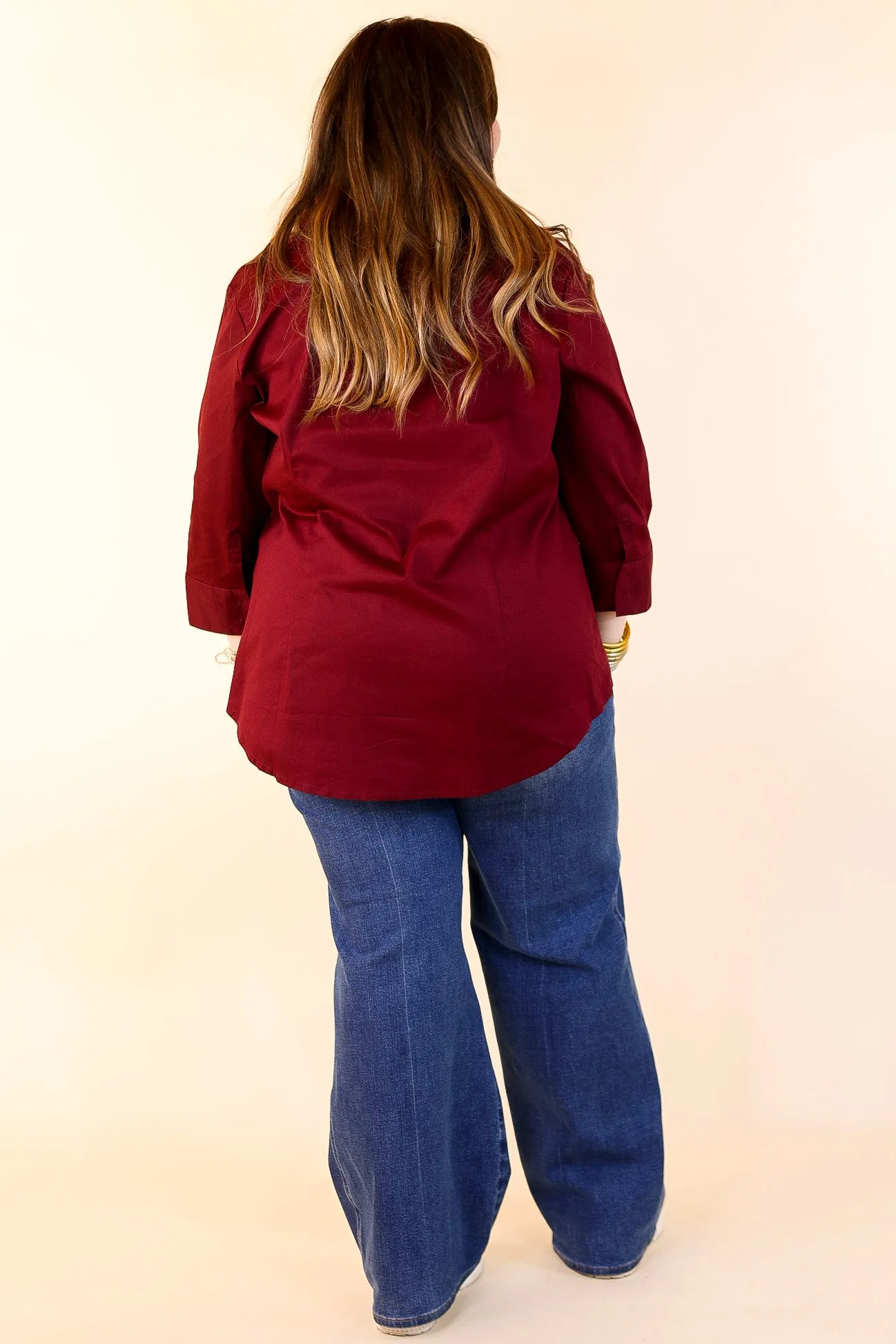 Simply Chic Collared Button Up Top with 3/4 Sleeves in Maroon