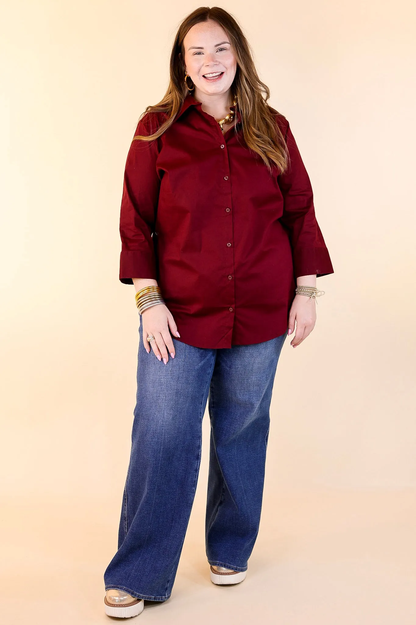 Simply Chic Collared Button Up Top with 3/4 Sleeves in Maroon