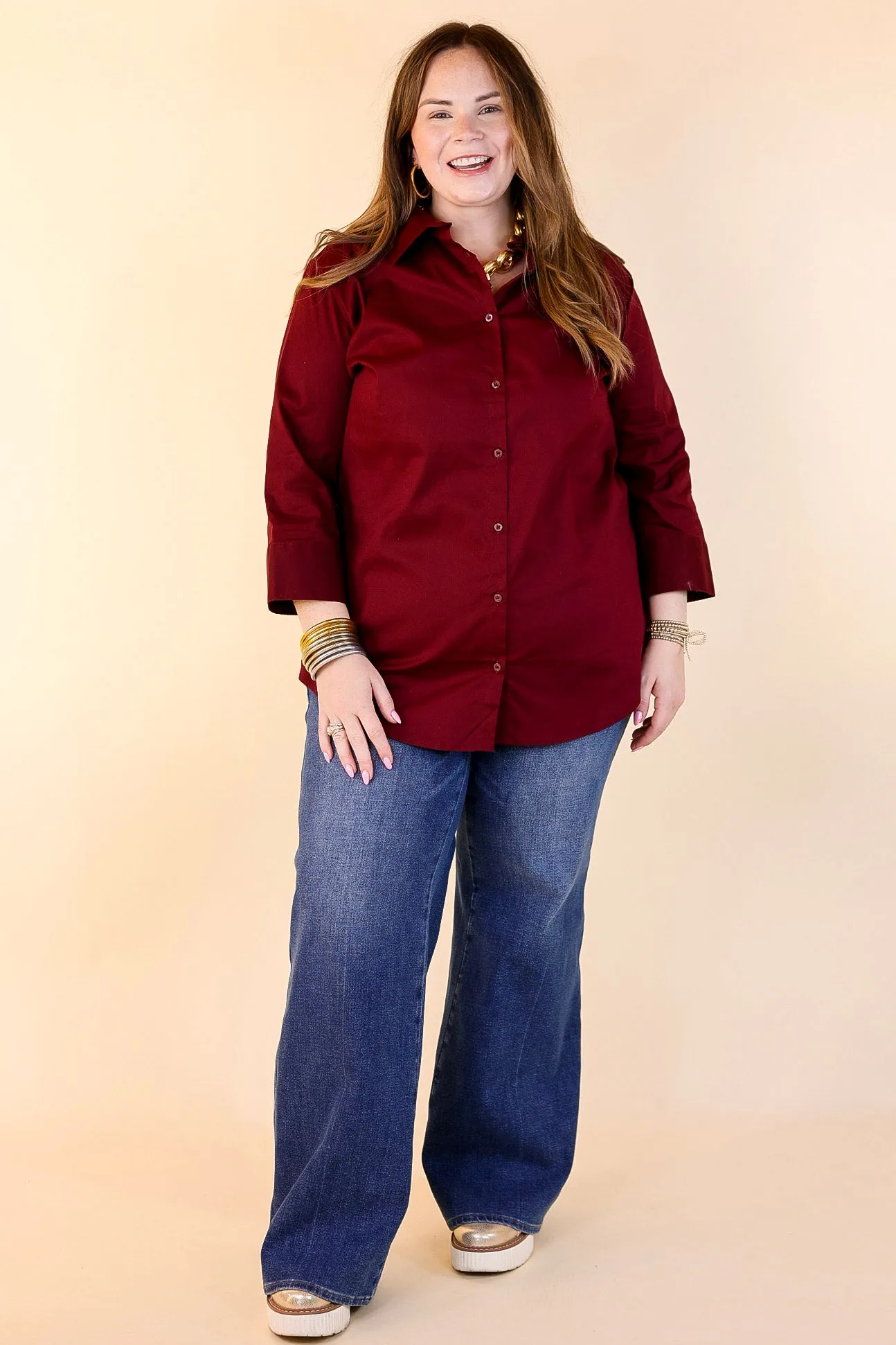 Simply Chic Collared Button Up Top with 3/4 Sleeves in Maroon