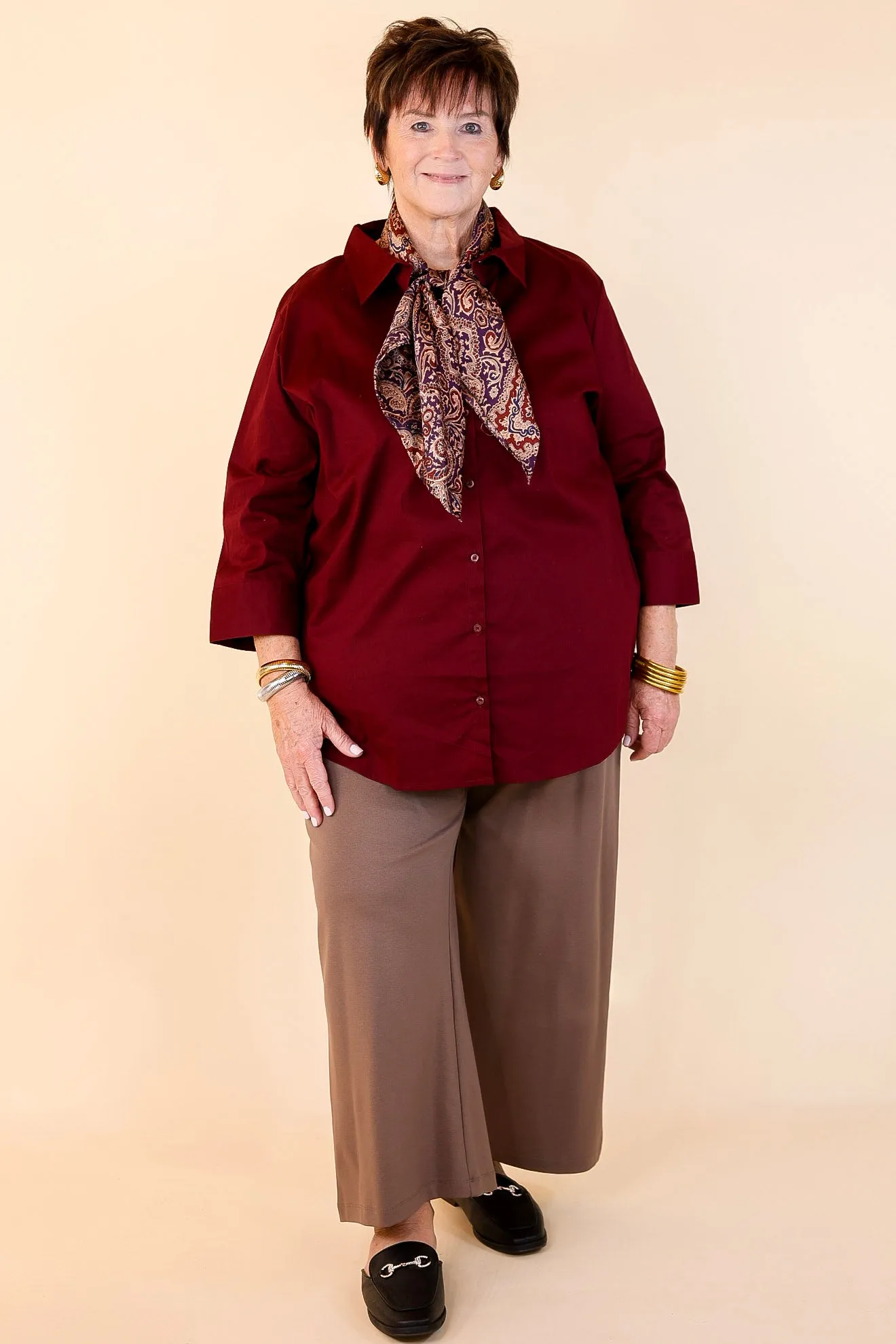 Simply Chic Collared Button Up Top with 3/4 Sleeves in Maroon