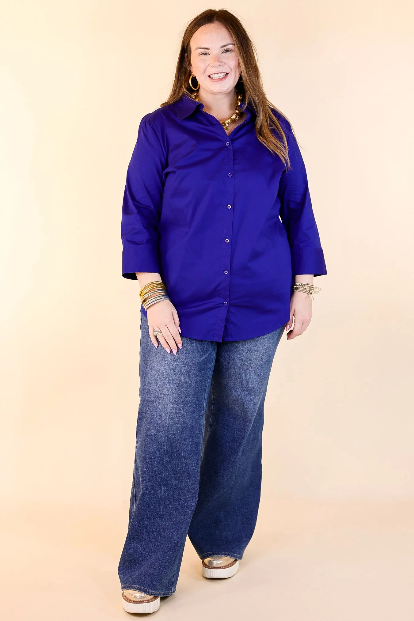 Simply Chic Collared Button Up Top with 3/4 Sleeves in Royal Blue