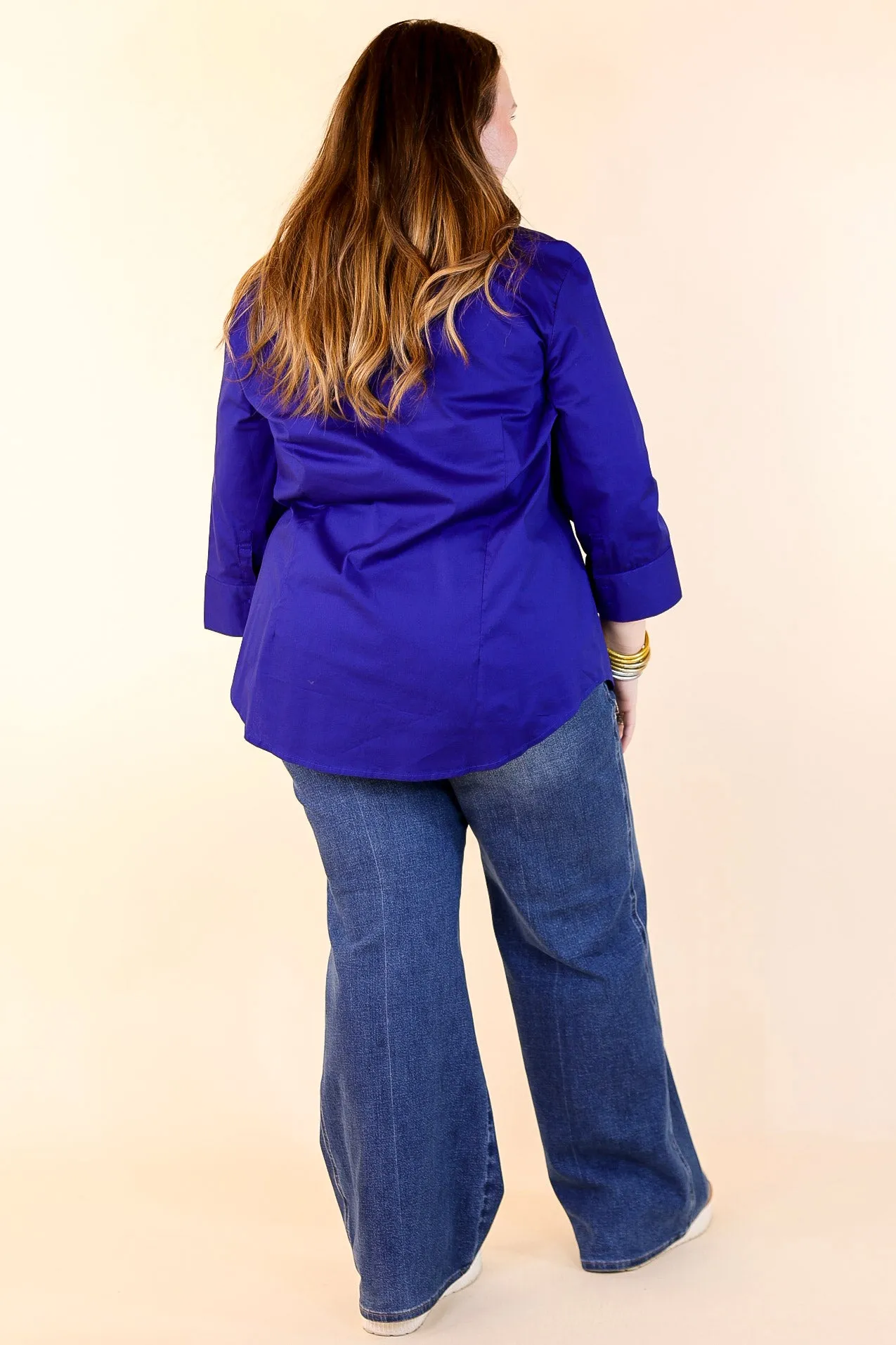 Simply Chic Collared Button Up Top with 3/4 Sleeves in Royal Blue