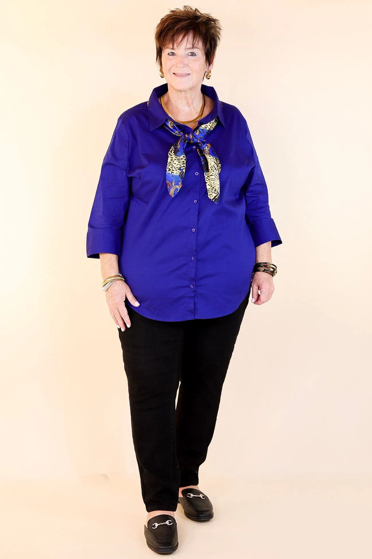 Simply Chic Collared Button Up Top with 3/4 Sleeves in Royal Blue