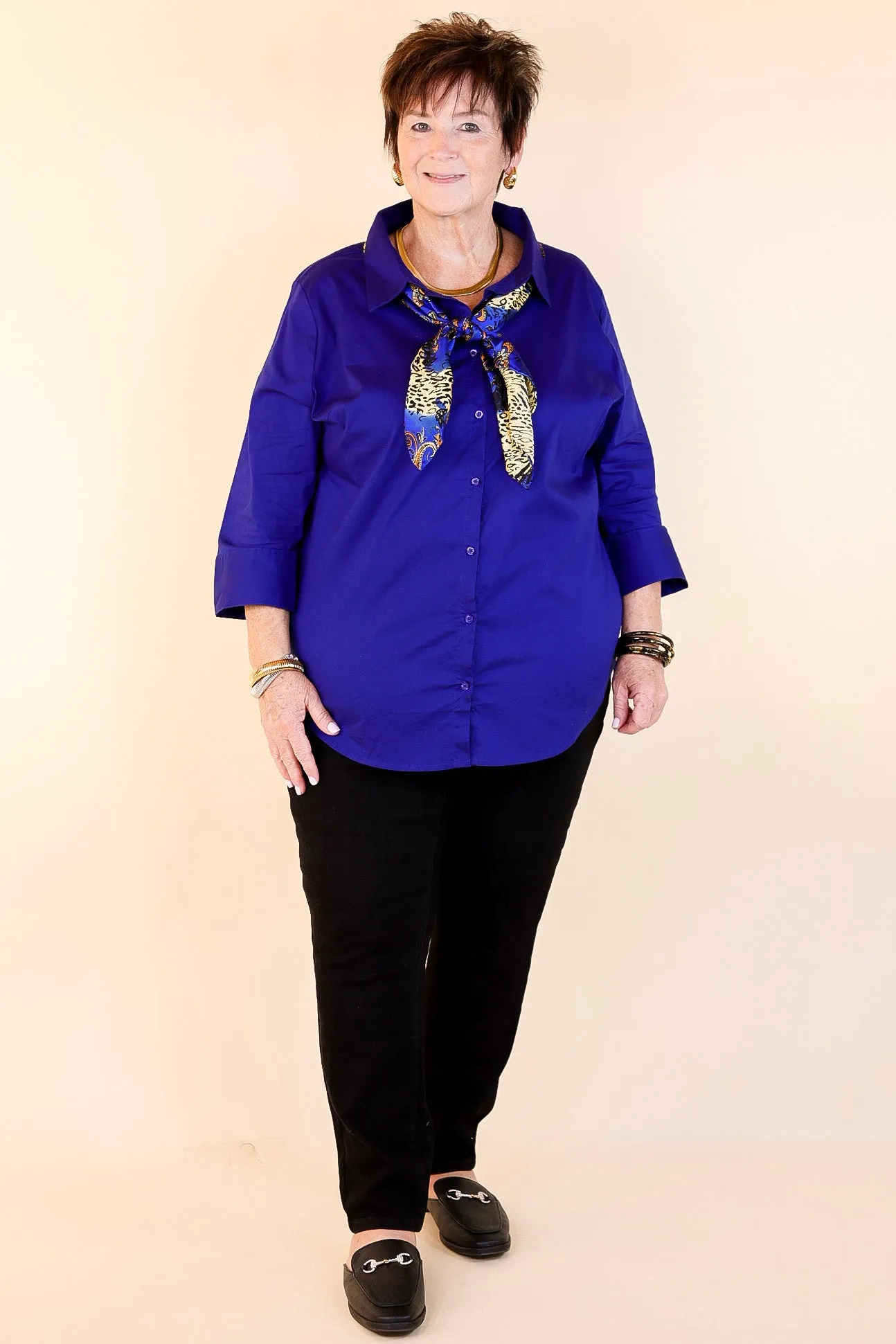 Simply Chic Collared Button Up Top with 3/4 Sleeves in Royal Blue