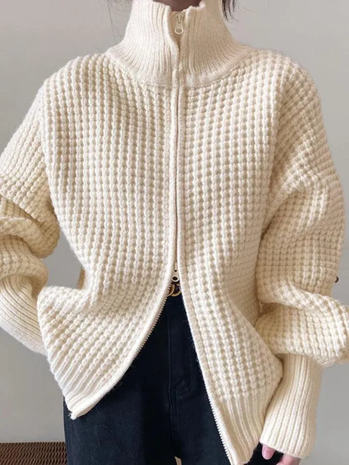 Solid Double Zip Turtleneck Sweater