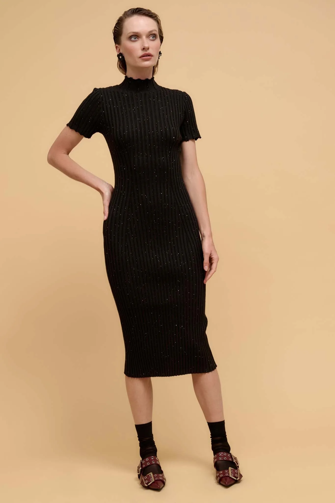 Sparks Fly Sequin Rib-Knit Midi Sweater Dress