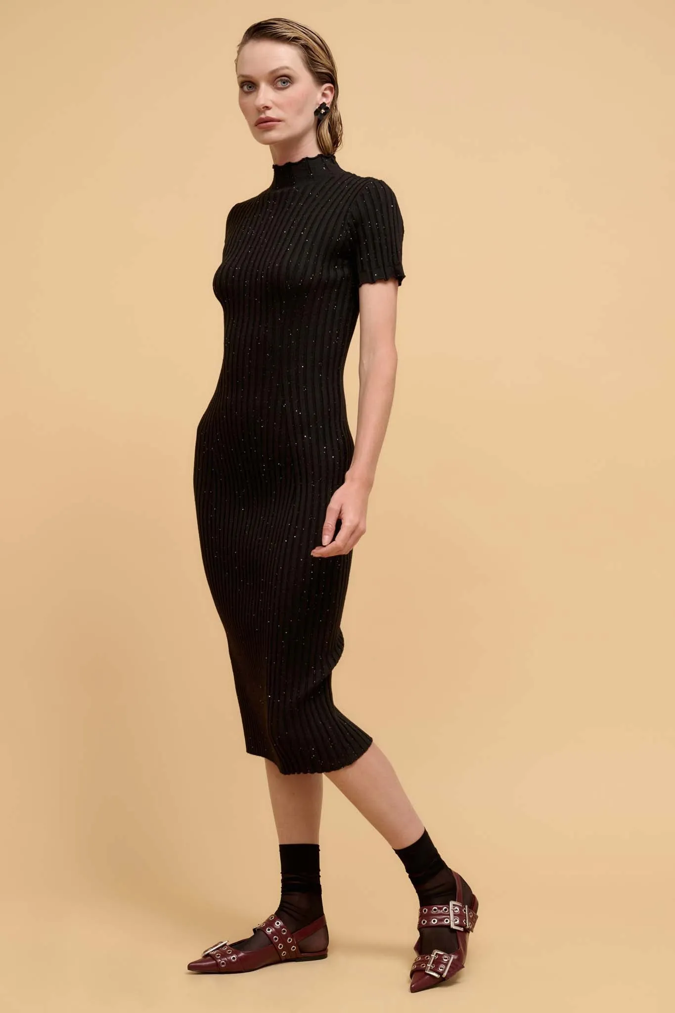 Sparks Fly Sequin Rib-Knit Midi Sweater Dress