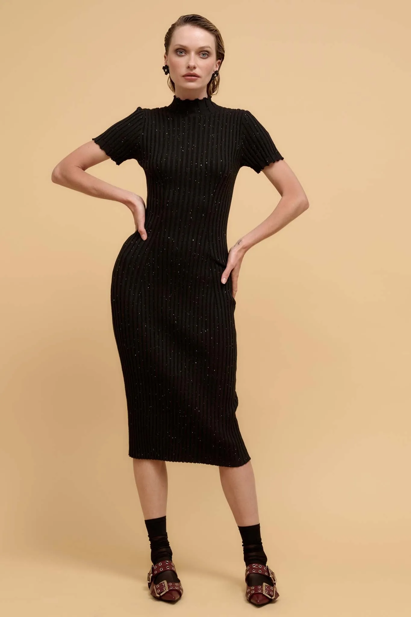 Sparks Fly Sequin Rib-Knit Midi Sweater Dress