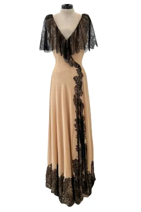 Spectacular Fall 1988 John Anthony Bias Cut Taupe Silk Chiffon Wrap Dress w Hand Made Lace Detailing