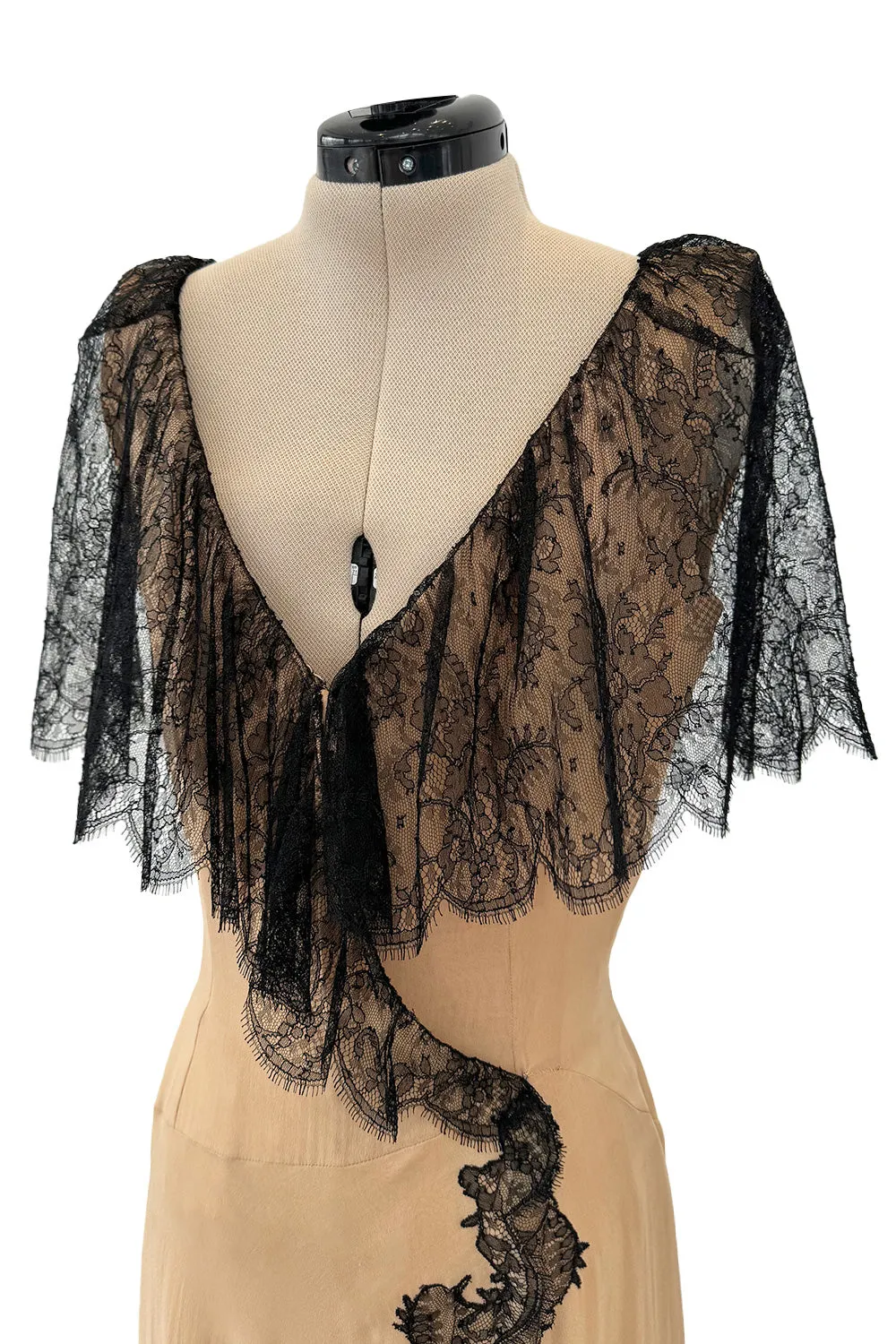 Spectacular Fall 1988 John Anthony Bias Cut Taupe Silk Chiffon Wrap Dress w Hand Made Lace Detailing