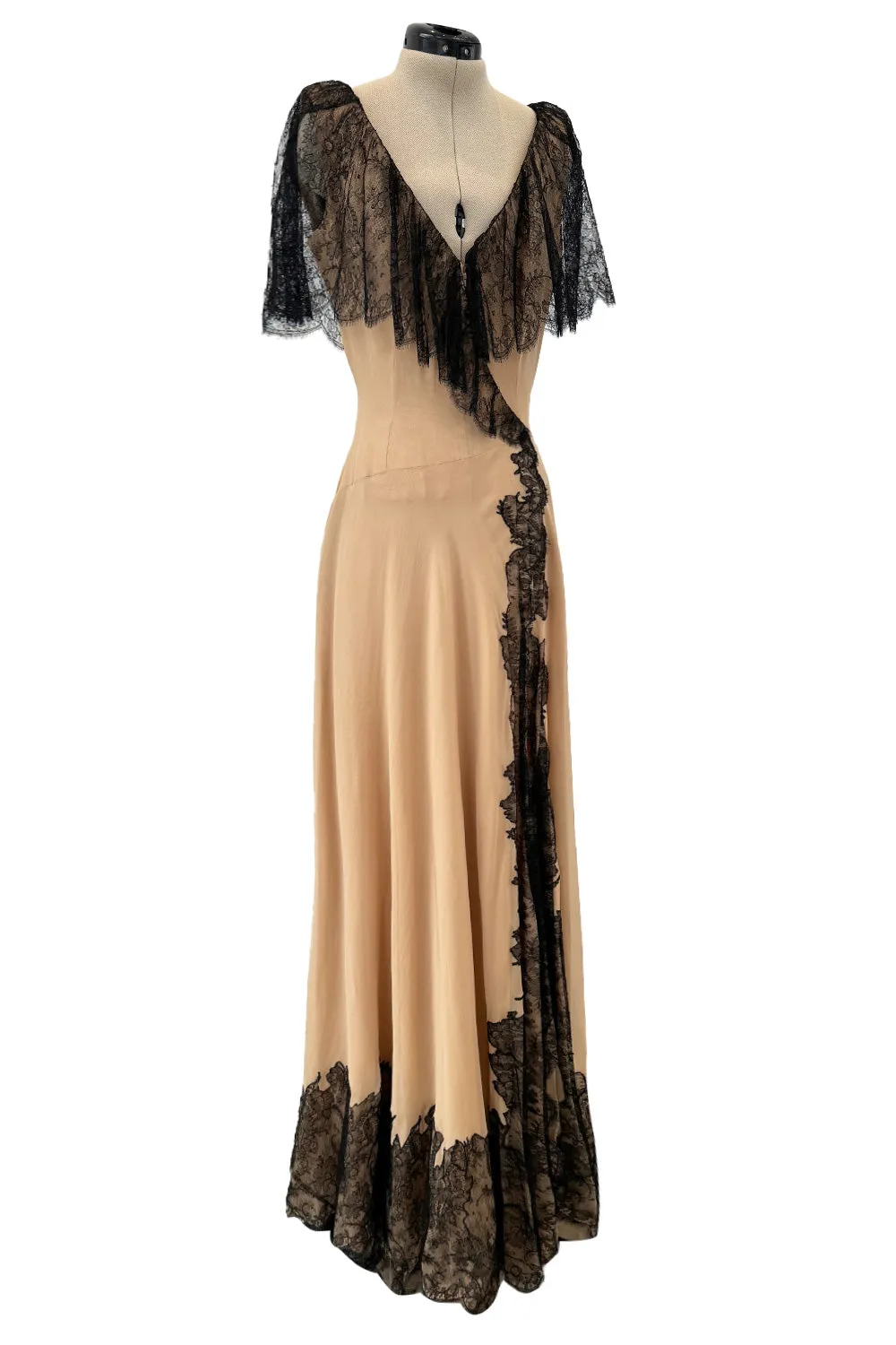 Spectacular Fall 1988 John Anthony Bias Cut Taupe Silk Chiffon Wrap Dress w Hand Made Lace Detailing