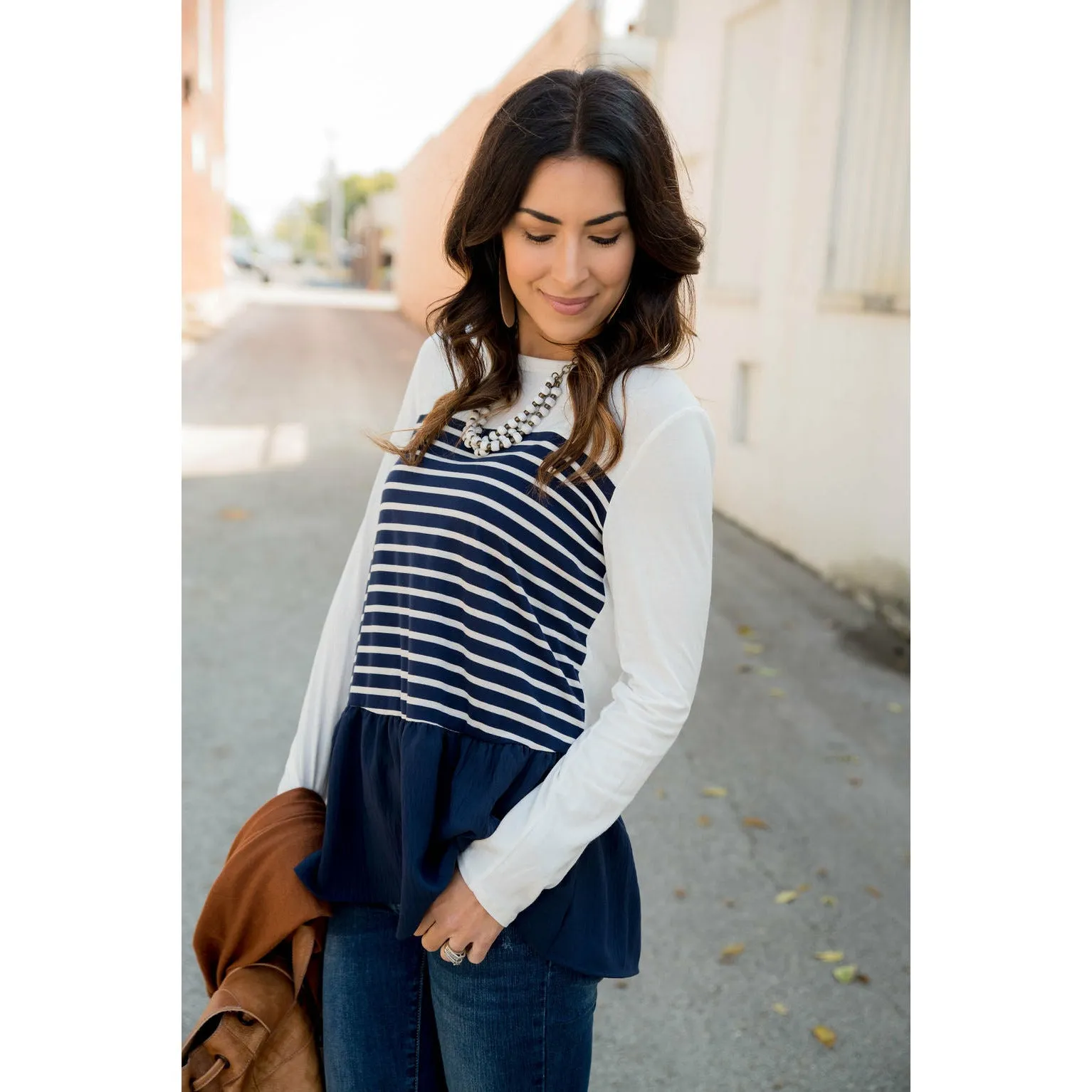 Striped Front Blouse Bottom Tee