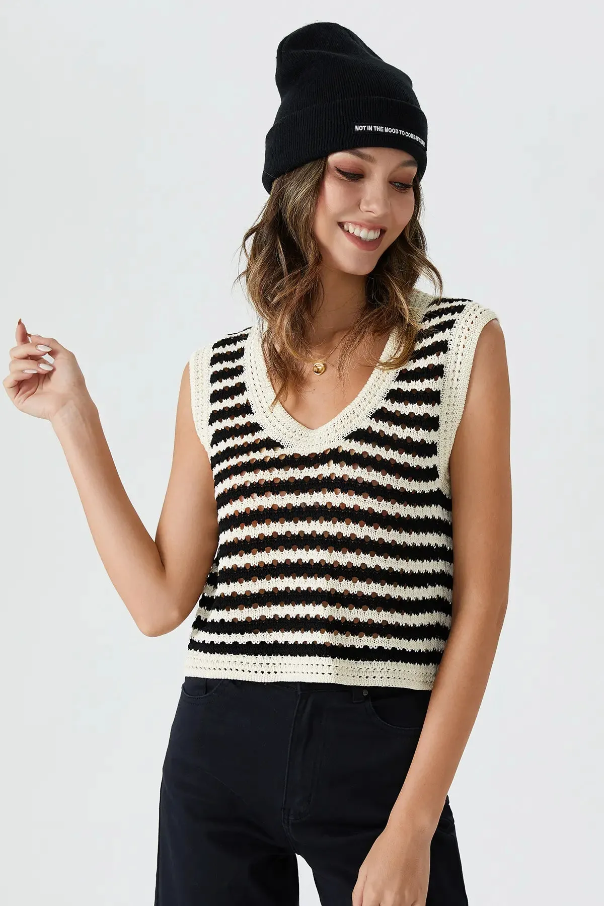 Striped Hollow Out Sweater Vest