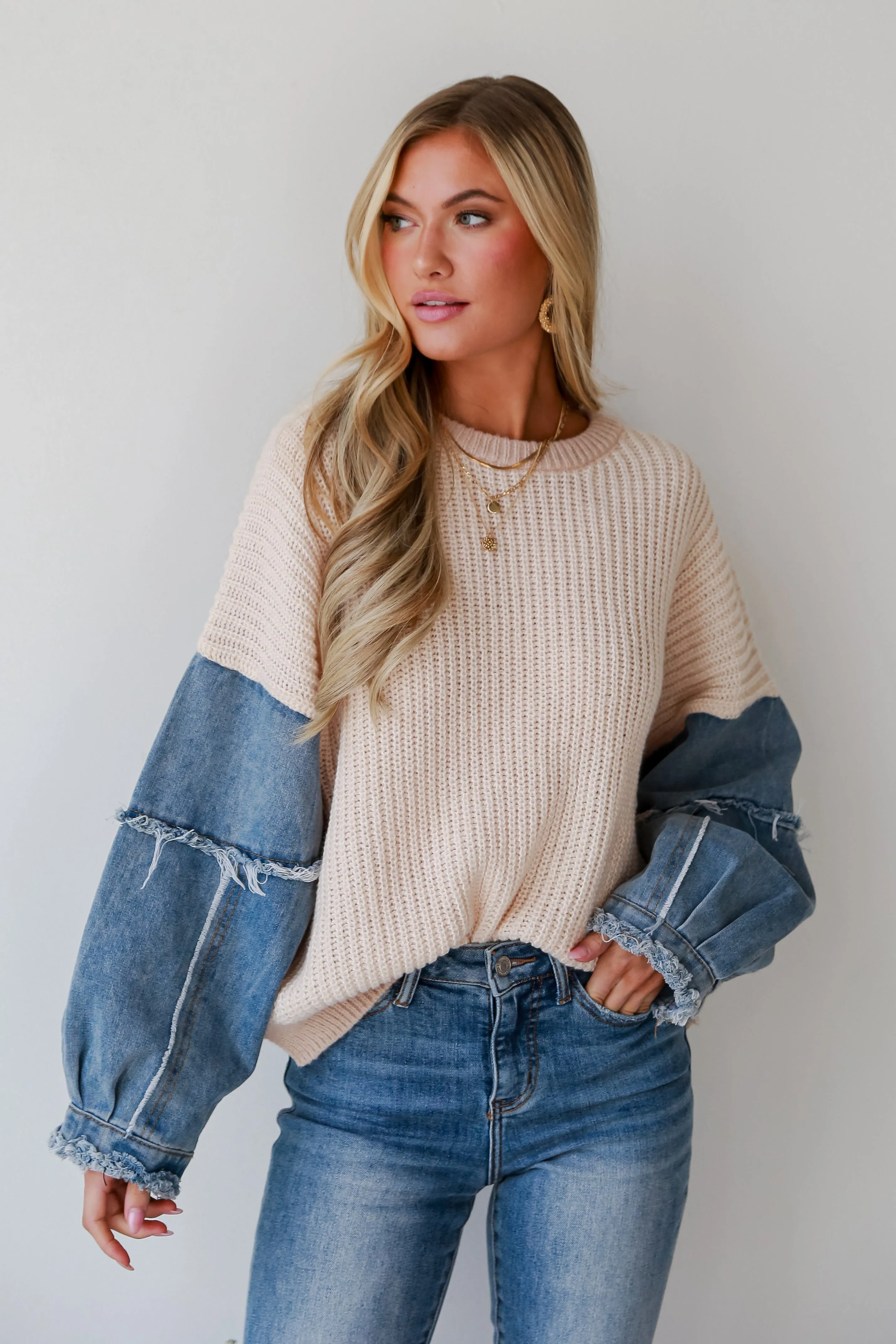 Stylish Direction Ivory Denim Sleeve Oversized Sweater