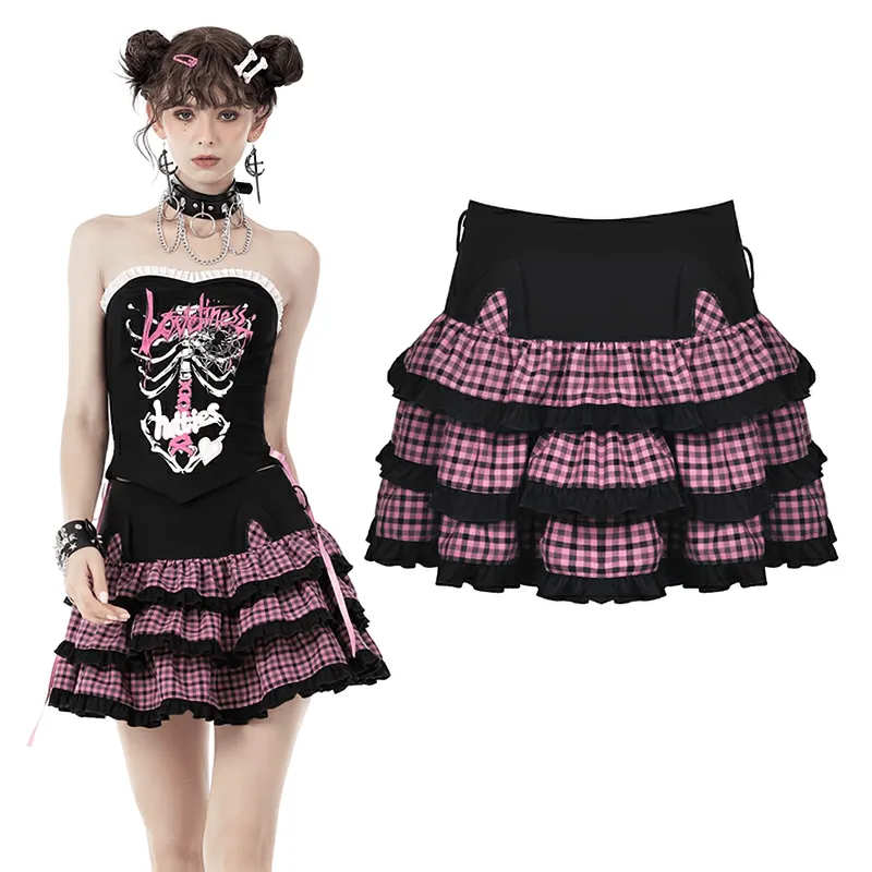 Stylish Plaid Ruffled Skirt with Paw Print Detail