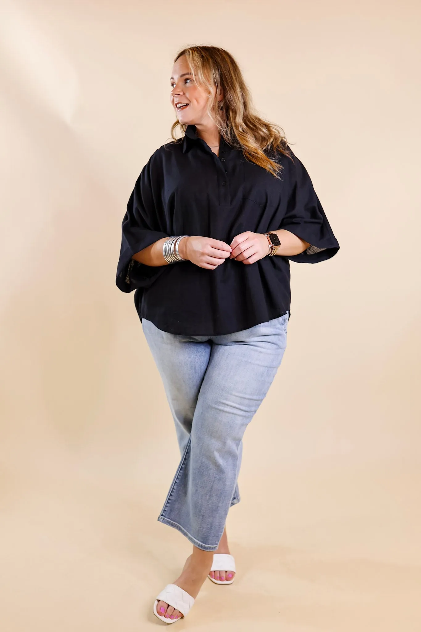 Sweet Surprise Half Button Up Poncho Top with Collared Neckline in Black