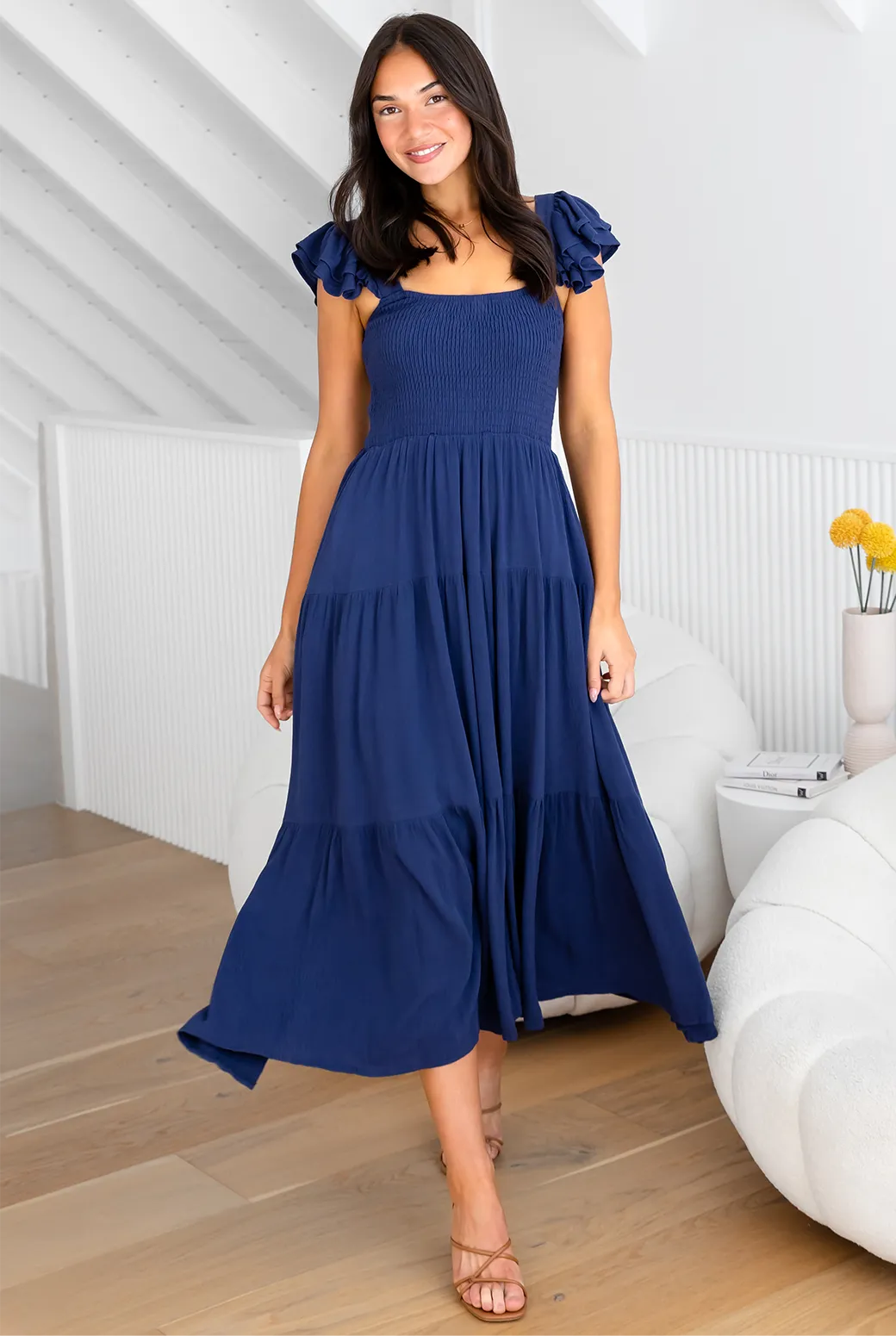 Tallulah Shirred Midi Dress Deep Blue