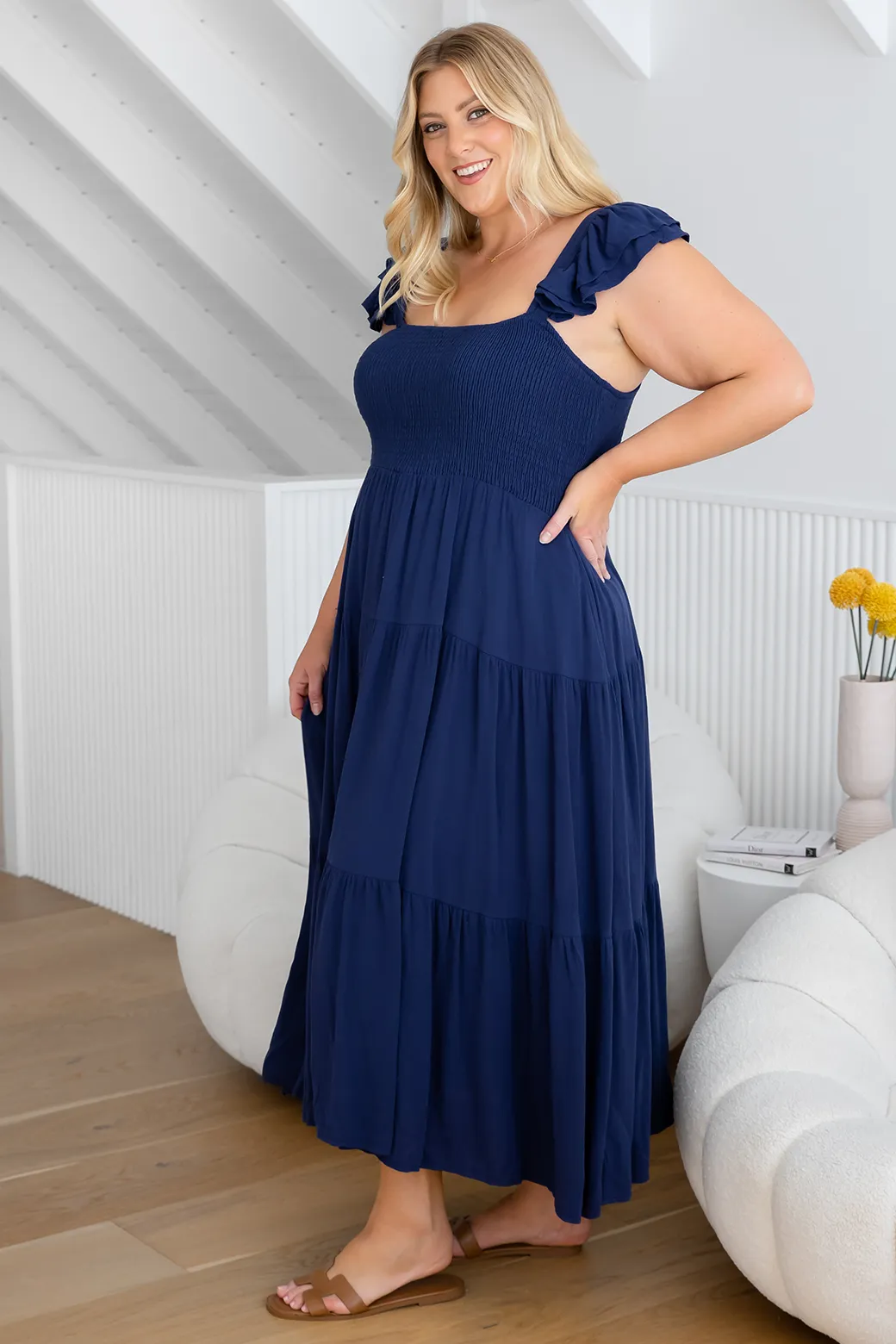 Tallulah Shirred Midi Dress Deep Blue