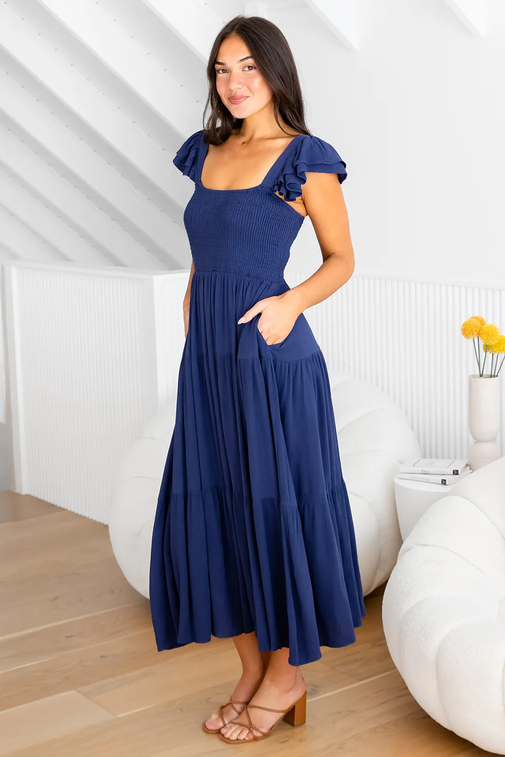 Tallulah Shirred Midi Dress Deep Blue