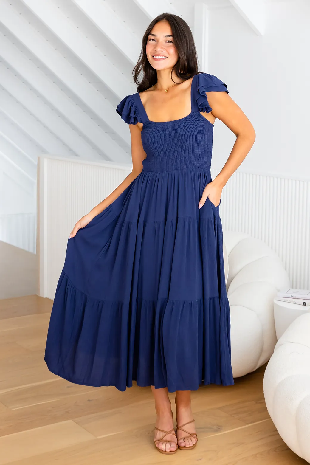 Tallulah Shirred Midi Dress Deep Blue