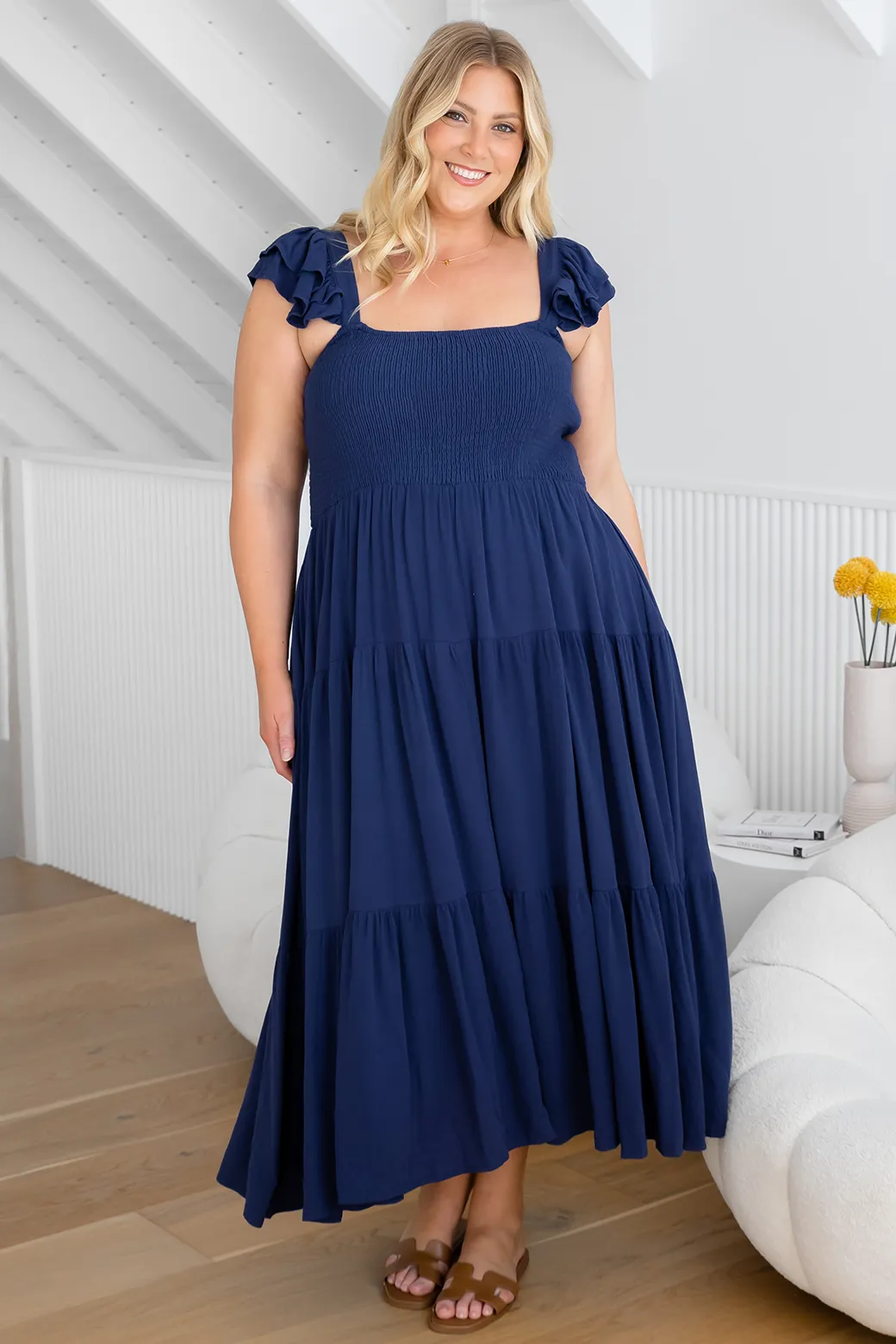 Tallulah Shirred Midi Dress Deep Blue