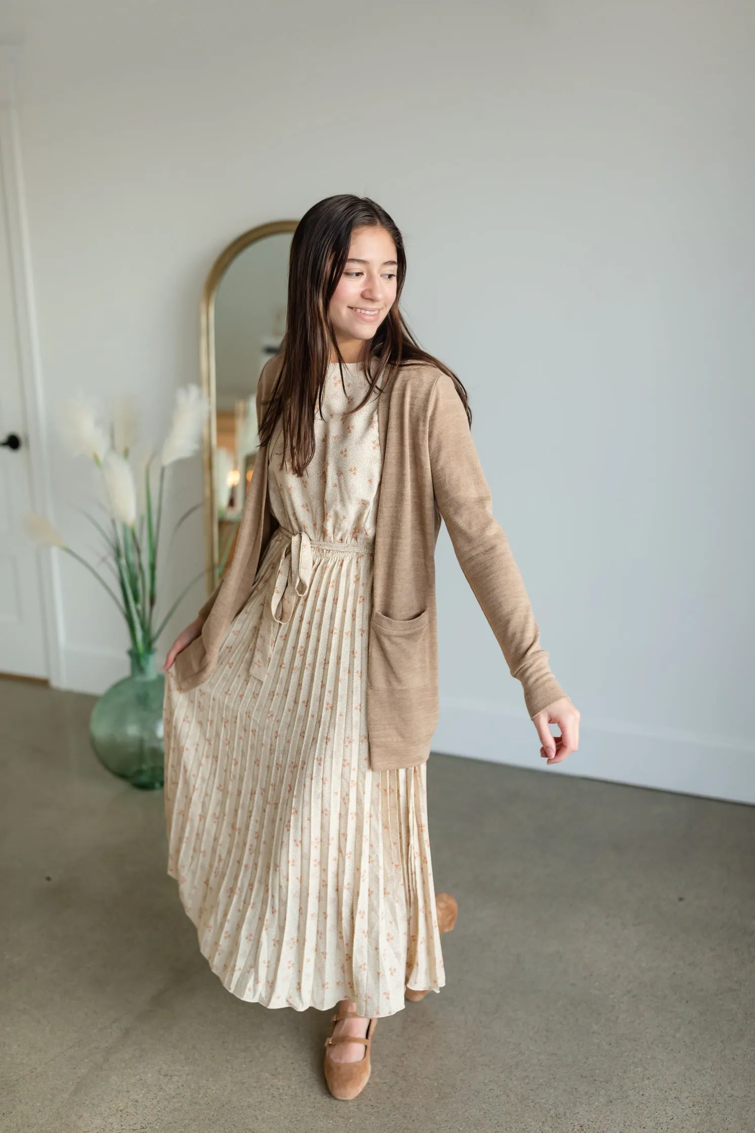 Taupe Flutter Sleeve Pleated Maxi Dress