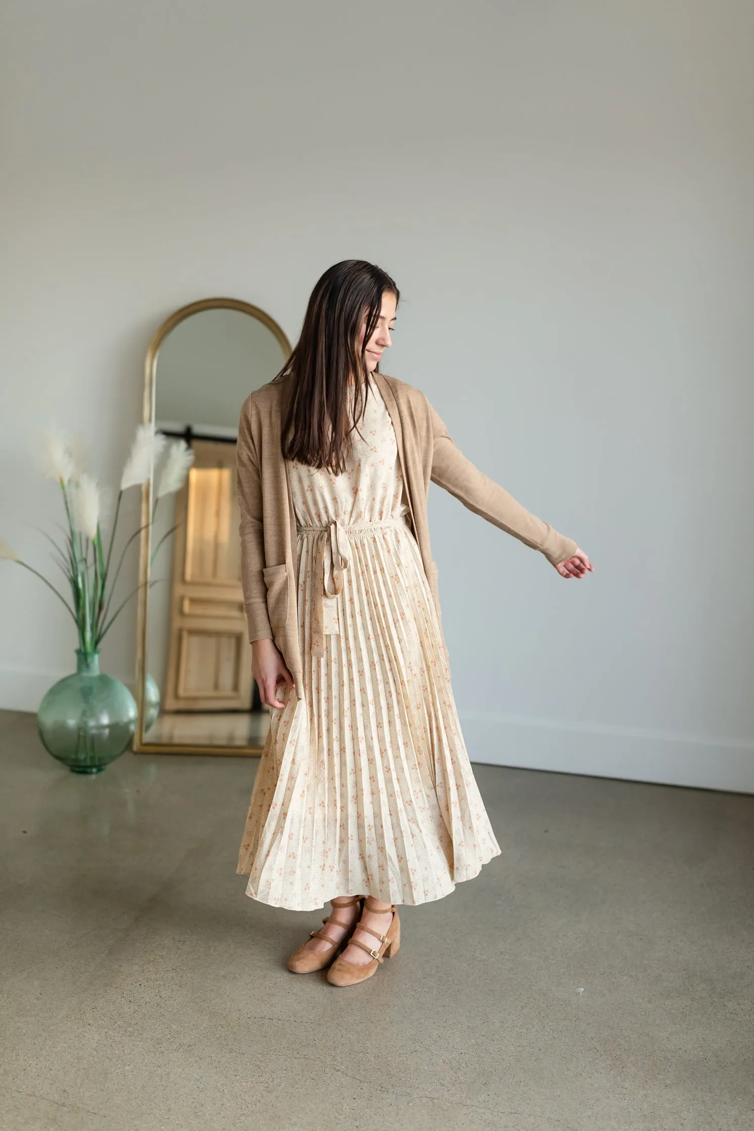 Taupe Flutter Sleeve Pleated Maxi Dress