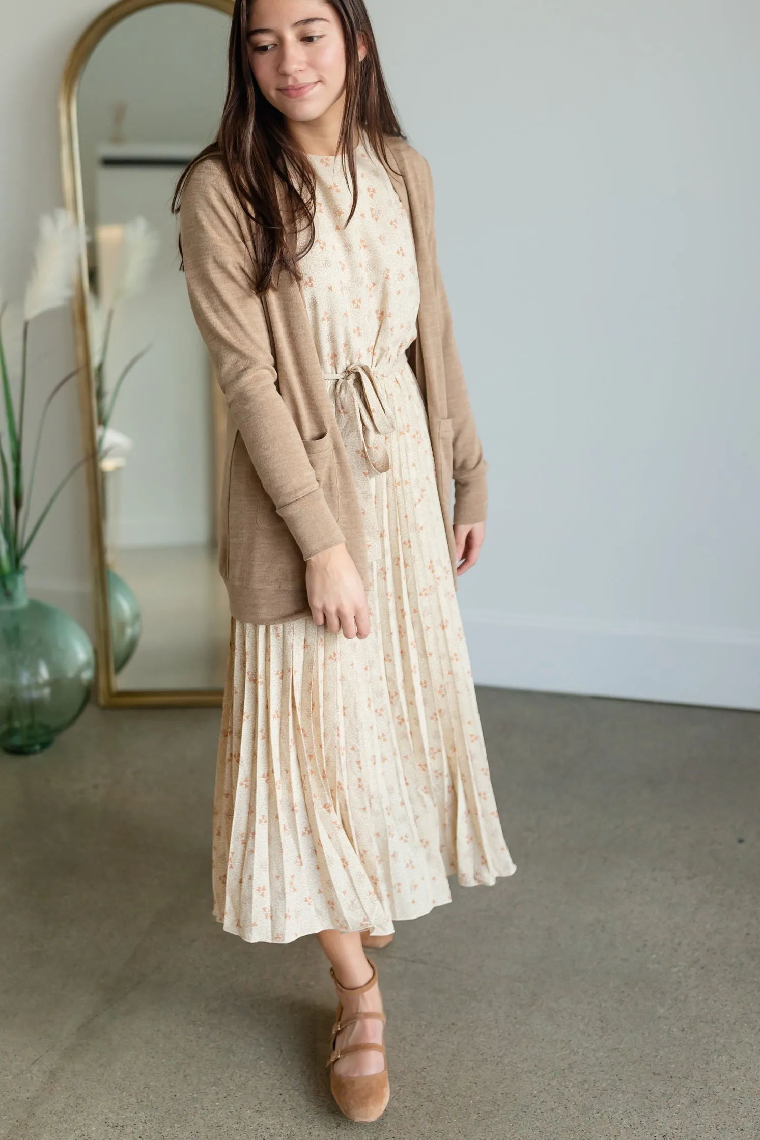 Taupe Flutter Sleeve Pleated Maxi Dress