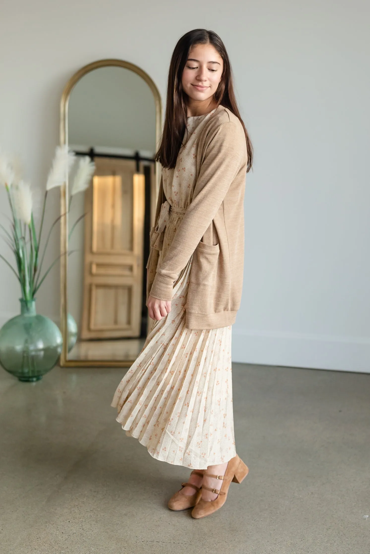 Taupe Flutter Sleeve Pleated Maxi Dress