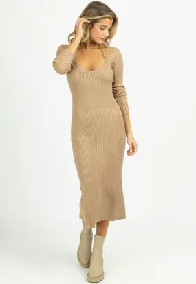 TAUPE KNIT LAYERED BRA MIDI DRESS SET