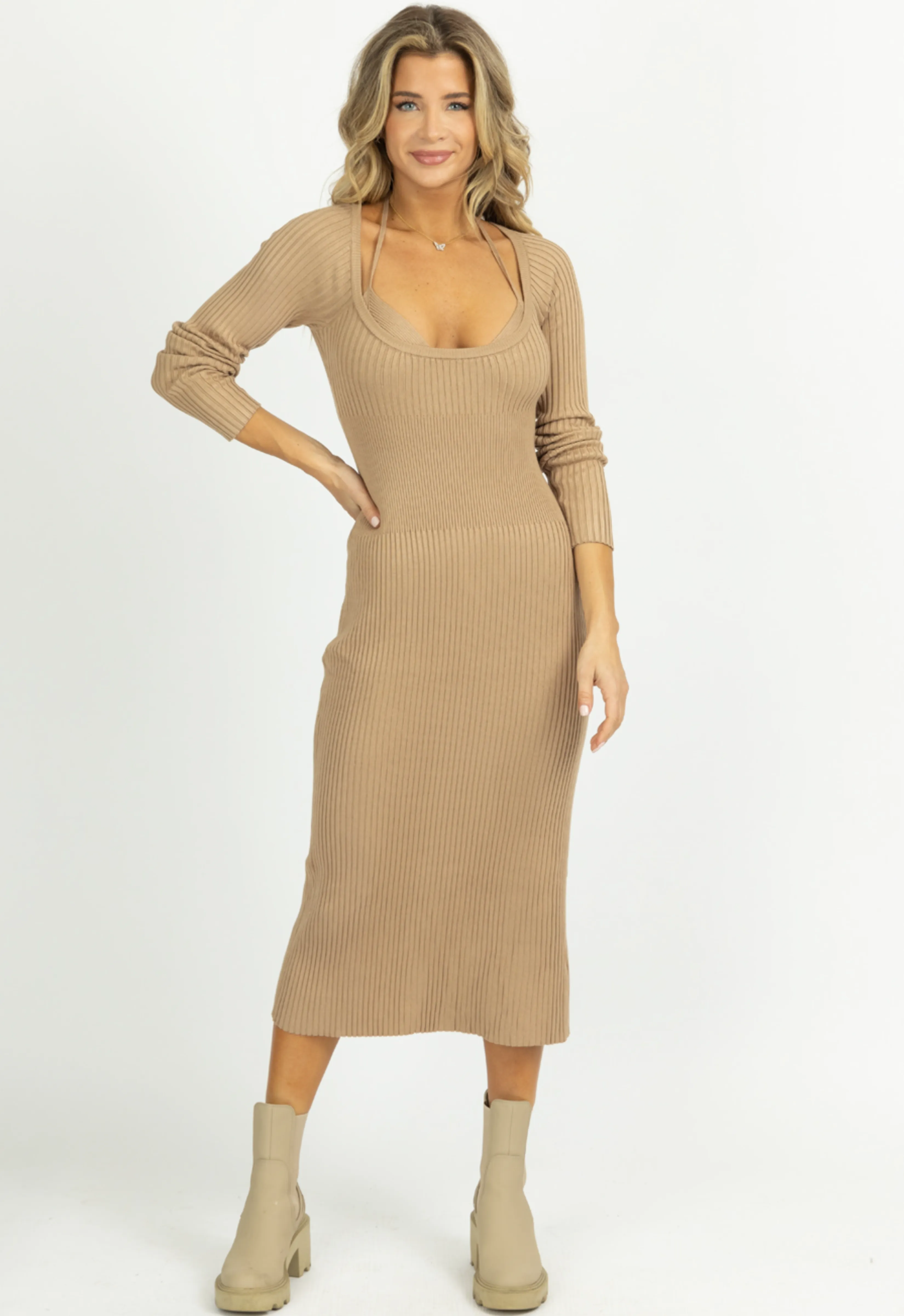 TAUPE KNIT LAYERED BRA MIDI DRESS SET