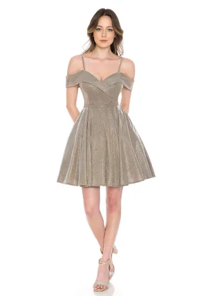 Taupe Metallic Sweetheart Off Shoulder Short Dress