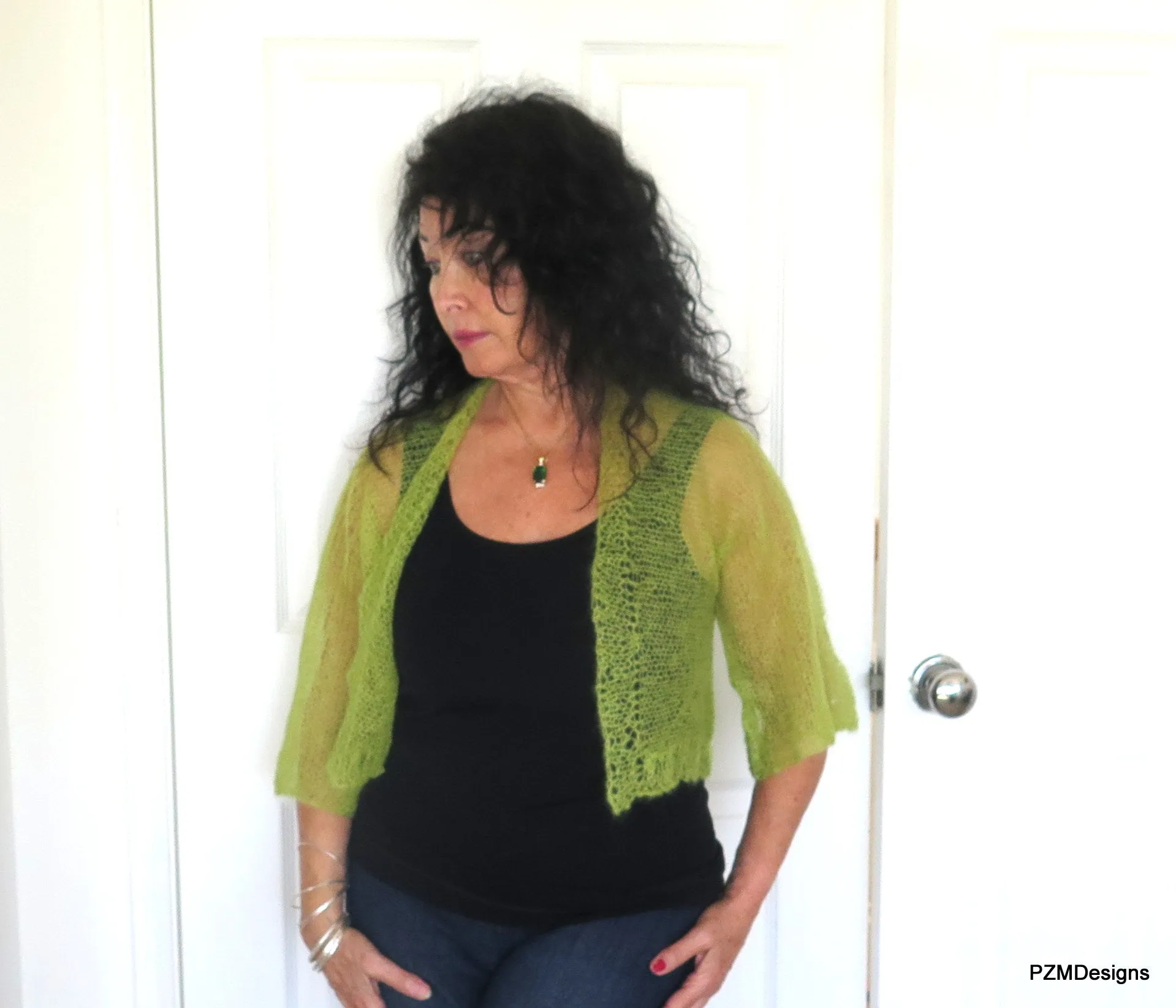 Transparemt Green Silk Knit Shrug, Light Green Hand Knit Kid Mohair and Silk Jacket, Gift for Her