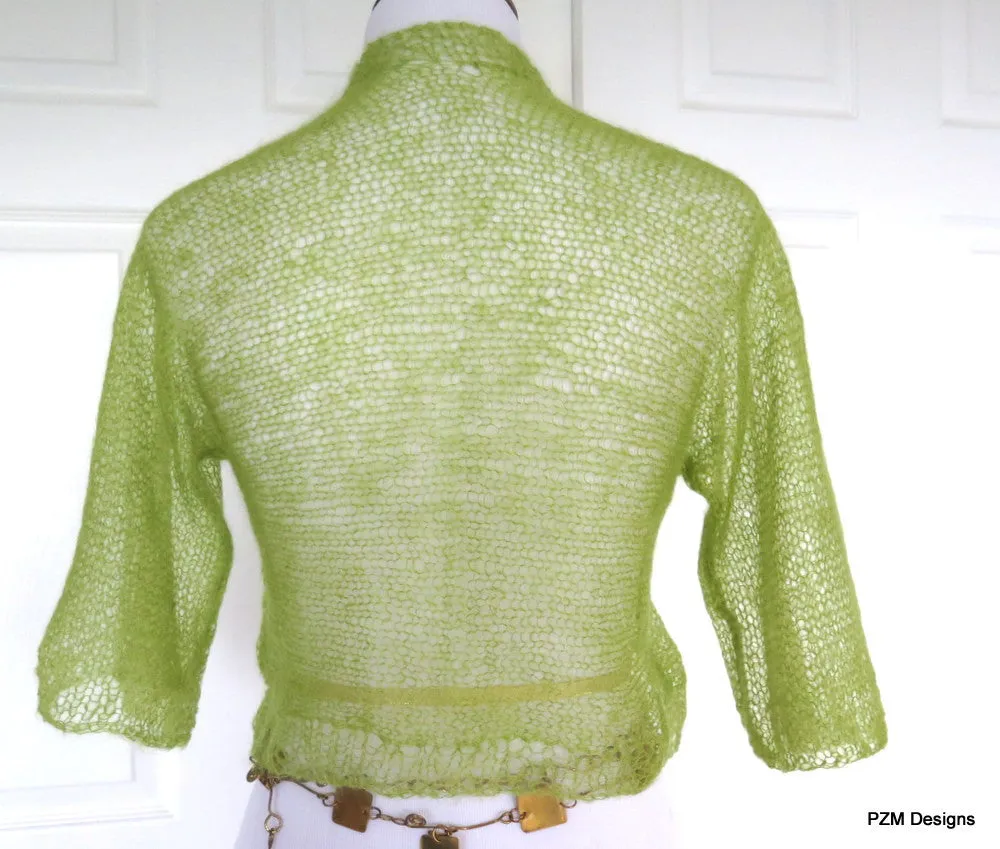 Transparemt Green Silk Knit Shrug, Light Green Hand Knit Kid Mohair and Silk Jacket, Gift for Her