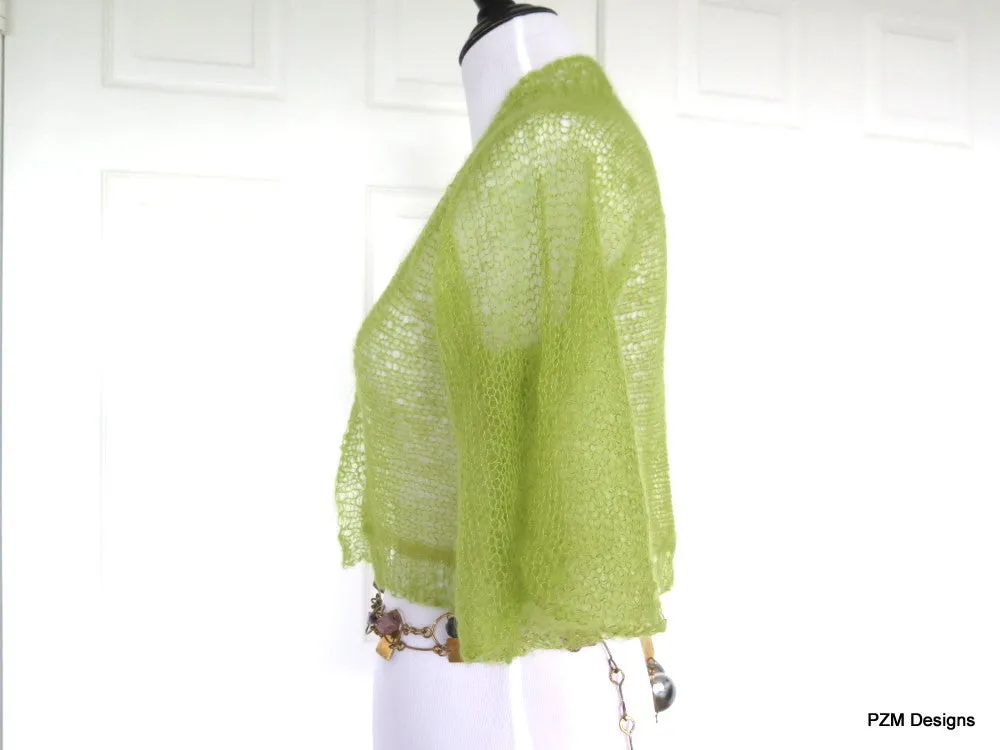 Transparemt Green Silk Knit Shrug, Light Green Hand Knit Kid Mohair and Silk Jacket, Gift for Her