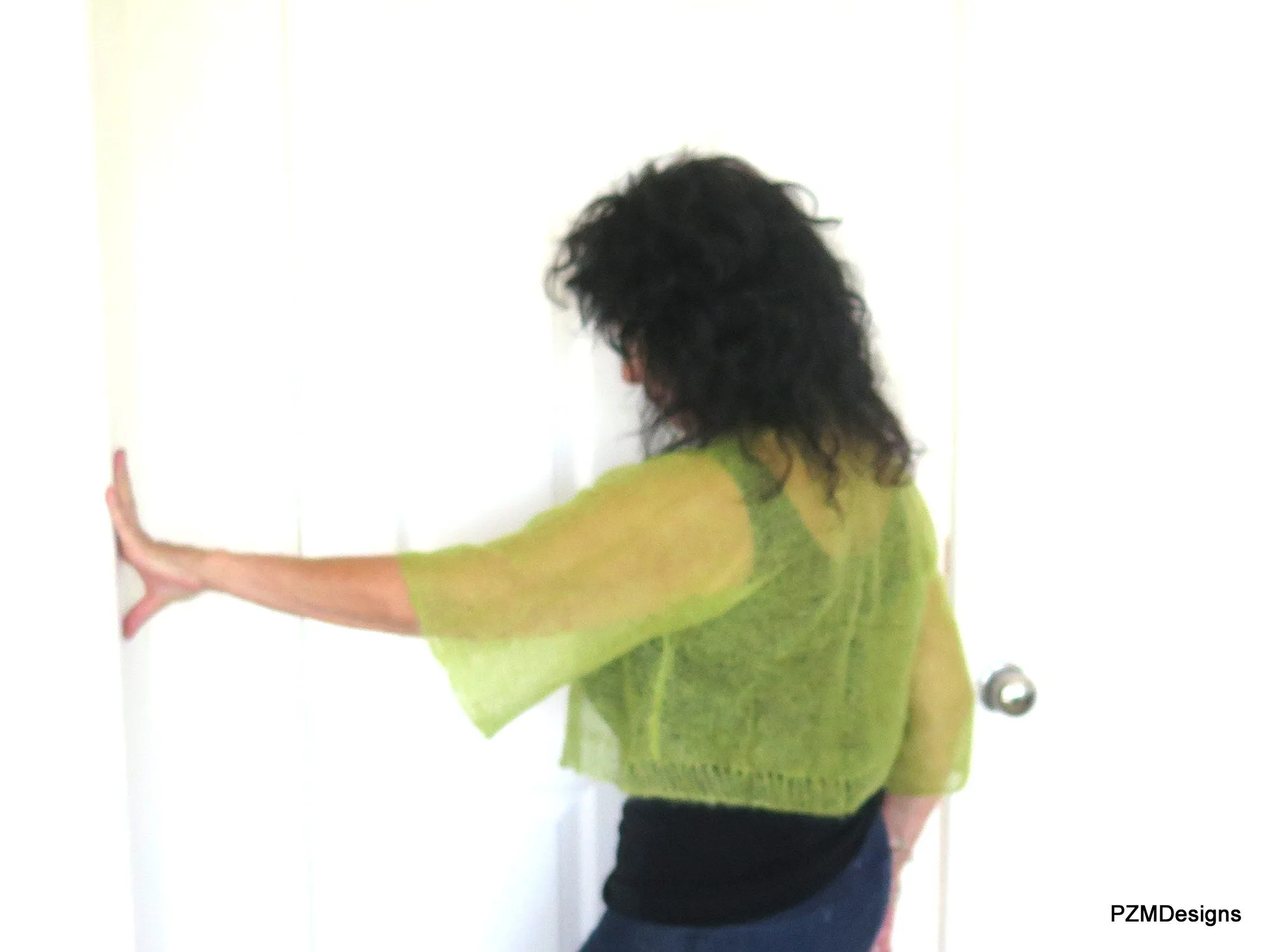 Transparemt Green Silk Knit Shrug, Light Green Hand Knit Kid Mohair and Silk Jacket, Gift for Her