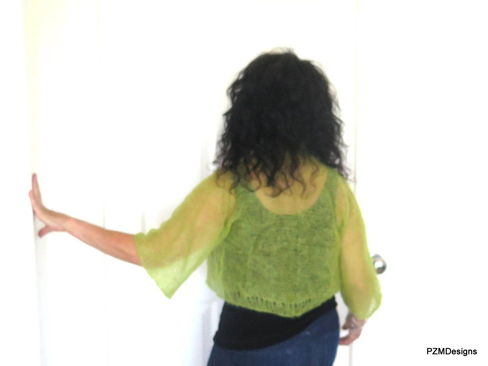 Transparemt Green Silk Knit Shrug, Light Green Hand Knit Kid Mohair and Silk Jacket, Gift for Her