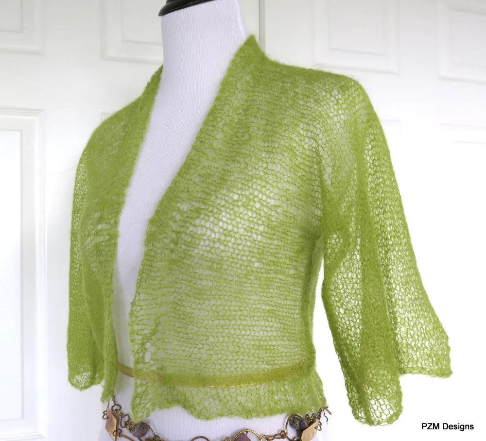 Transparemt Green Silk Knit Shrug, Light Green Hand Knit Kid Mohair and Silk Jacket, Gift for Her