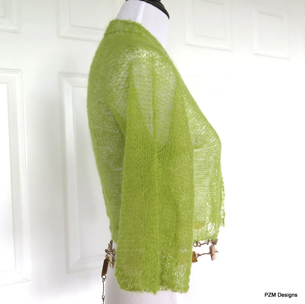 Transparemt Green Silk Knit Shrug, Light Green Hand Knit Kid Mohair and Silk Jacket, Gift for Her