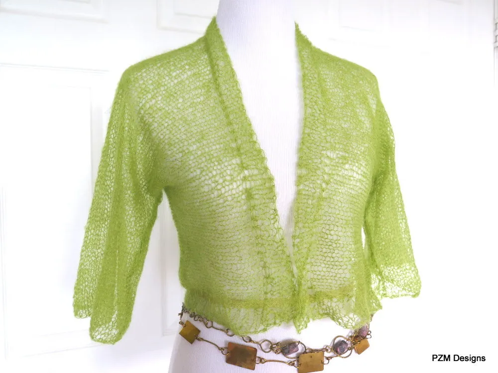 Transparemt Green Silk Knit Shrug, Light Green Hand Knit Kid Mohair and Silk Jacket, Gift for Her