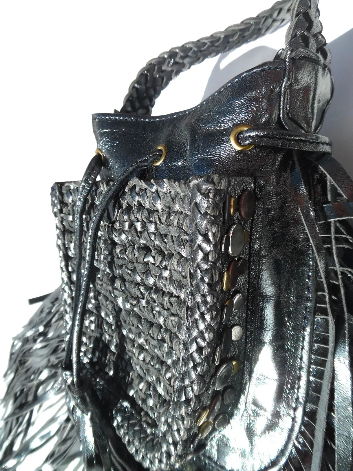 Tricot Woven Leather Crossbody Hobo Drawstring Bag with Fringe