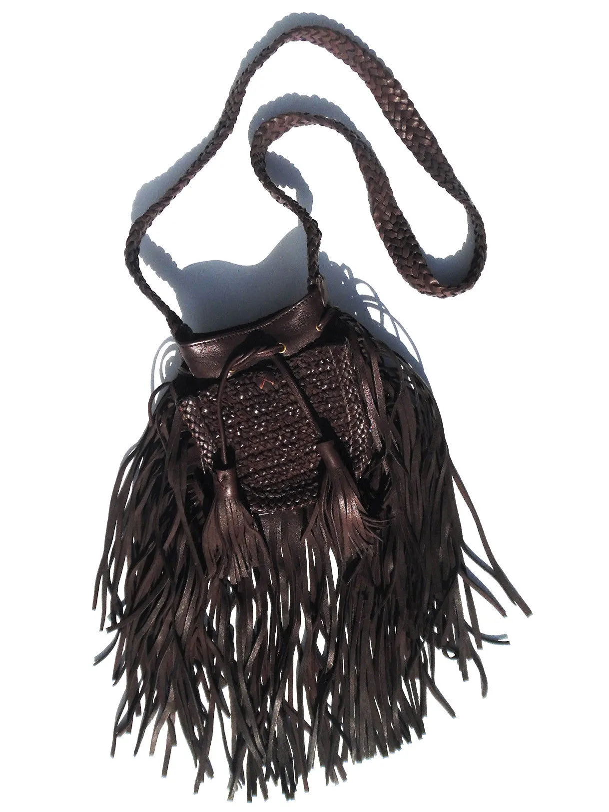 Tricot Woven Leather Crossbody Hobo Drawstring Bag with Fringe