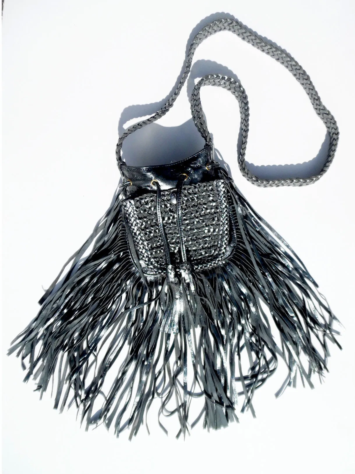 Tricot Woven Leather Crossbody Hobo Drawstring Bag with Fringe