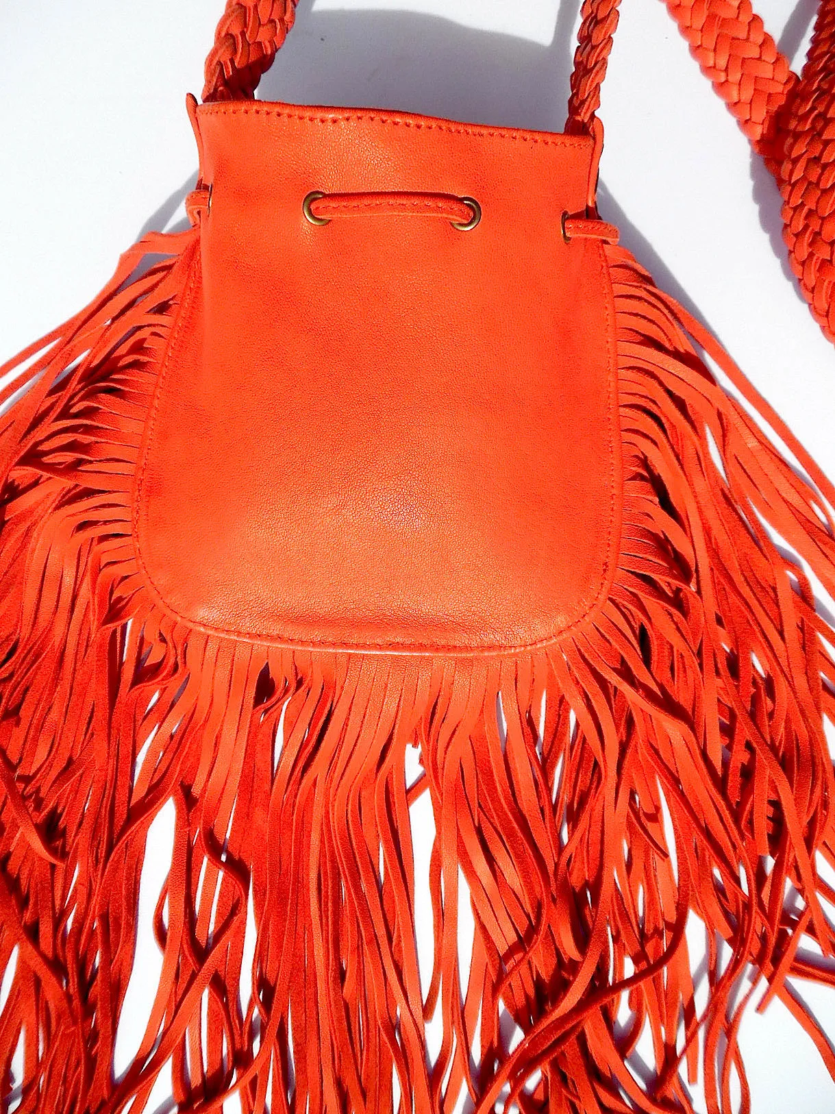 Tricot Woven Leather Crossbody Hobo Drawstring Bag with Fringe