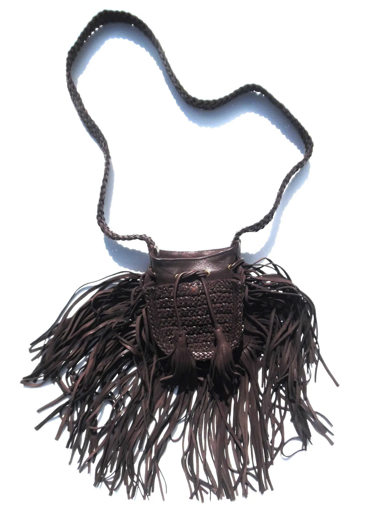 Tricot Woven Leather Crossbody Hobo Drawstring Bag with Fringe