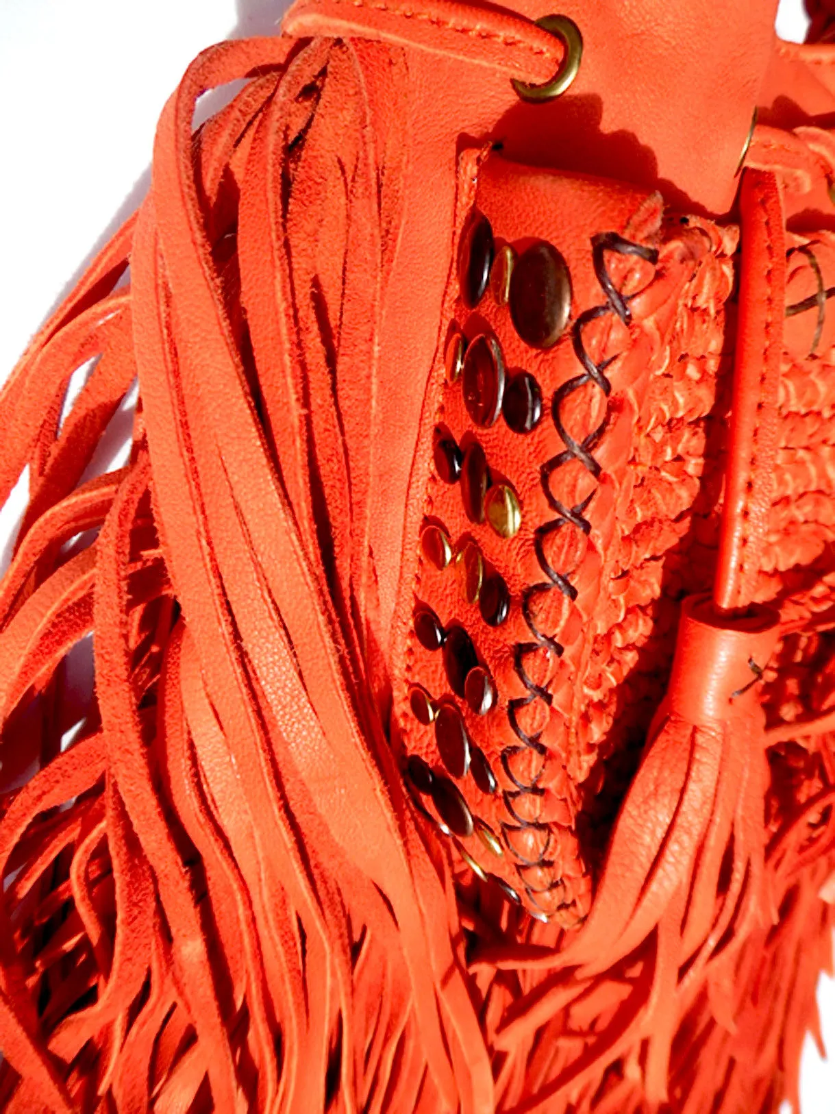 Tricot Woven Leather Crossbody Hobo Drawstring Bag with Fringe